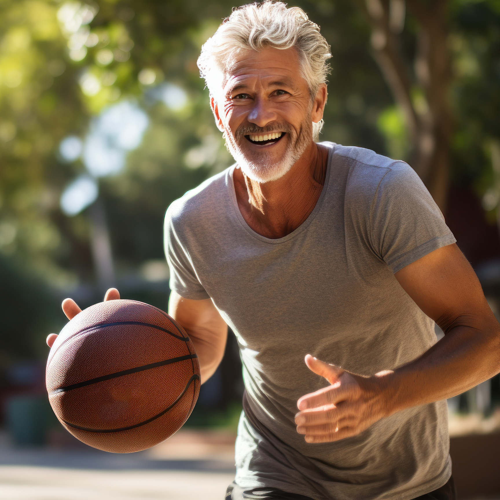 Mature man playing basketball with enthusiasm.